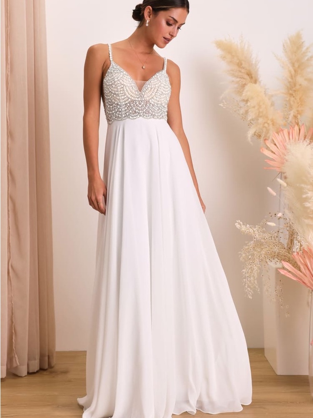 Lulu's White Beaded Spaghetti-Strap Wedding Gown